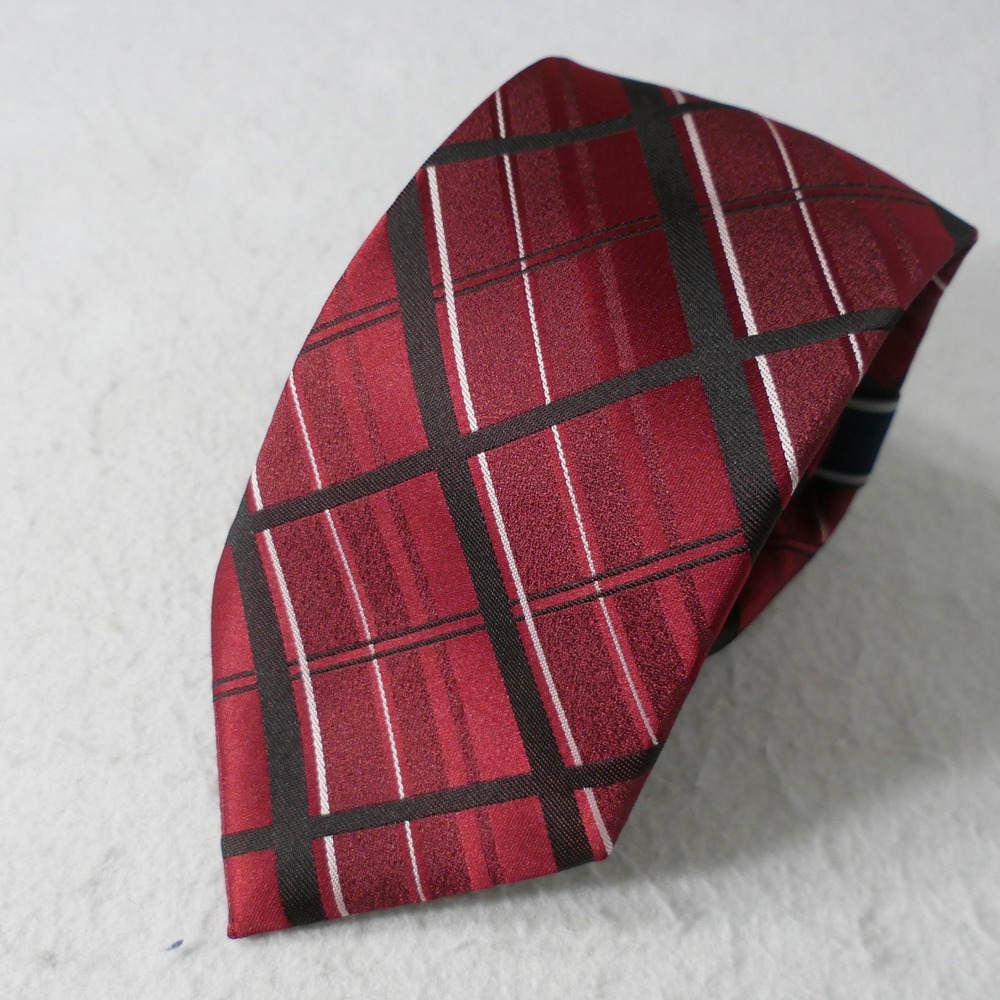 Stafford Mens Necktie OS Red Black Plaid Crepe De Chine Professional Classic
